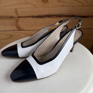Chanel 38 Classic White Black Sling Back Pumps *Flaws* Luxury Old Money Italy